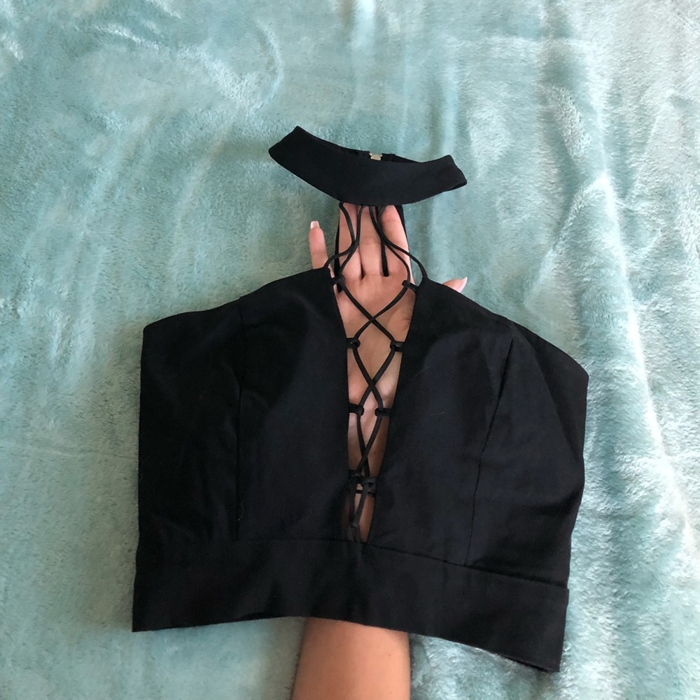 black lace up crop top